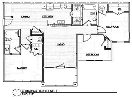 Floor plan for 3 beds, 2 baths, 1250 sqft
